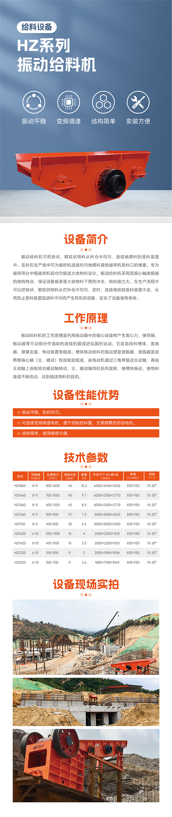 振動平穩,給料均勻。 可選裝變頻調速電機,便于控制;給料量,無需頻繁的啟動電機。 結構簡單,使用維修方便。 最大標準型號HZ1860振動給料機標配45KW電機 雙振幅 8-11mm 重量10.2噸,轉速830-930R/min 安裝傾角 15-20度, 處理量可達800-1600噸 適合大型生產線礦山項目使用一般使用在時產1000-2000噸,此系列振動給料機可根據具體客戶實際需要加大尺寸響應提升給料效率!